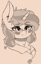 Size: 2770x4312 | Tagged: safe, artist:drawtheuniverse, oc, oc:pinrest, species:pony, species:unicorn, blushing, bust, glasses, lineart
