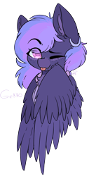 Size: 2852x5608 | Tagged: safe, artist:drawtheuniverse, oc, oc only, oc:gekko, species:pony, bust, cute, cute little fangs, ear fluff, eye clipping through hair, fangs, fluffy mane, freckles, solo, tongue out, wings