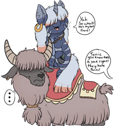 Size: 3930x4316 | Tagged: safe, artist:drawtheuniverse, oc, oc:toxictonic, species:pony, species:yak, cute, ear piercing, earring, friendship, hair over eyes, heartwarming, jewelry, piercing, saddle, tack
