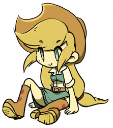 Size: 1249x1405 | Tagged: safe, artist:hacha, character:applejack, species:human, my little pony:equestria girls, applejack's hat, belt, boots, clothing, cowboy hat, cute, denim skirt, female, hat, human coloration, humanized, jackabetes, pixiv, rolled up sleeves, shoes, sitting, skirt, solo, stetson, strategically covered