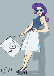 Size: 850x1200 | Tagged: safe, artist:theuglyother, character:rarity, bag, high heels, humanized, simple background, skinny, sunglasses