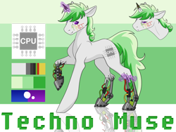 Size: 1024x768 | Tagged: safe, artist:asklevee, oc, oc:techno muse, species:pony, species:unicorn, cyborg, electronics, glowing horn, raised hoof, reference sheet, solo