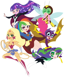 Size: 816x979 | Tagged: safe, artist:rosesweety, character:applejack, character:fluttershy, character:pinkie pie, character:rainbow dash, character:rarity, character:twilight sparkle, my little pony:equestria girls, batgirl, bumblebee (dc), clothing, costume, dc comics, dc superhero girls, flutterbee, green lantern, humane five, humane six, supergirl, wonder woman, wonderjack, zatanna
