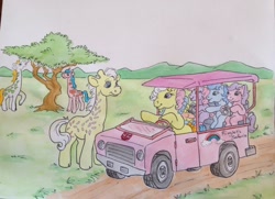 Size: 2122x1534 | Tagged: safe, artist:foxspotted, character:ember (g1), species:earth pony, species:pegasus, species:pony, g1, autobot, blue ember, bow, camera, car, creamsicle (g1), eating, giraffe, jeep, lavender ember, mountain, mountain range, pink ember, rainbow curl pony, ringlet (g1 rainbow curl), scenery, tail bow, traditional art, transformers, tree, vehicle