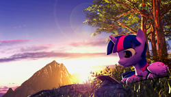 Size: 5760x3240 | Tagged: safe, artist:backmaker, character:twilight sparkle, character:twilight sparkle (alicorn), species:alicorn, species:pony, 3d, book, evening, mountain, reading, relaxing, source filmmaker, sun