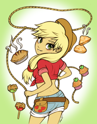 Size: 600x767 | Tagged: safe, artist:christinies, character:applejack, apple pie, candy apple (food), clothing, cupcake, female, food, front knot midriff, humanized, lasso, looking back, midriff, pie, rope, shorts, solo
