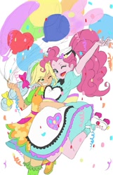 Size: 903x1400 | Tagged: safe, artist:puri__kyua, character:applejack, character:pinkie pie, episode:coinky-dink world, episode:shake things up!, eqg summertime shorts, g4, my little pony: equestria girls, my little pony:equestria girls, anime, balloon, confetti, cute, diner uniform, duo, duo female, female, hairnet, hug, jumping, one eye closed, roller skates, server pinkie pie, smiling