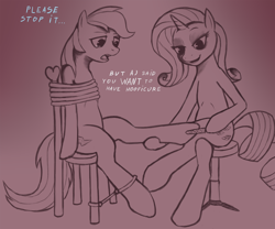 Size: 960x800 | Tagged: safe, artist:sigmatura, character:rainbow dash, character:rarity, species:pegasus, species:pony, species:unicorn, abuse, bondage, chair, crying, dashabuse, dialogue, female, forced, hooficure, monochrome, pure unfiltered evil, sitting, smiling, tied to chair, tied up