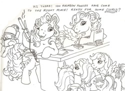 Size: 819x595 | Tagged: safe, artist:foxspotted, species:earth pony, species:pegasus, species:pony, species:unicorn, g1, book, bow, cash register, counter, female, foal, hair curlers, hair salon, lineart, paper, pencil, rainbow curl pony, reading, speech, tail bow, unnamed pony, wavy tail