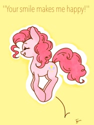 Size: 1536x2048 | Tagged: safe, artist:zoomiso, character:pinkie pie, species:earth pony, species:pony, cute, cutie mark, dawwww, diapinkes, eyes closed, featured on derpibooru, female, mare, outline, positive ponies, profile, pronking, signature, simple background, skipping, smiling, solo, text, yellow background