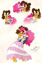 Size: 2131x3129 | Tagged: safe, artist:summer-cascades, character:cheese sandwich, character:pinkie pie, species:pony, ship:cheesepie, blushing, clothing, dress, female, height difference, male, marriage, shipping, straight, wedding, wedding dress, wedding suit, wedding veil