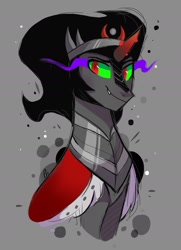 Size: 1355x1874 | Tagged: safe, artist:pinweena30, character:king sombra, species:pony, bust, dark magic, evil, evil eyes, gray background, looking at you, magic, male, shadow, simple background, solo, sombra eyes, sombra horn