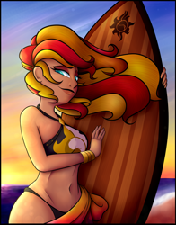 Size: 3300x4200 | Tagged: safe, artist:cosmicchrissy, character:sunset shimmer, species:human, beach, belly button, bikini, clothing, cute, female, humanized, midriff, ocean, sand, sarong, sexy, shimmerbetes, solo, summer sunset, surfboard, swimsuit, wavy mouth