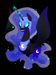 Size: 768x1024 | Tagged: safe, artist:pinweena30, character:nightmare moon, character:princess luna, species:pony, adorabolical, black, black background, cute, dark, dark magic, evil, evil grin, female, grin, magic, moon, moonabetes, simple background, smiling, solo