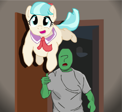 Size: 817x750 | Tagged: safe, artist:cocopommel, character:coco pommel, oc, oc:anon, species:pony, behaving like a dog, clothing, jumping, meme, necktie, open mouth, ponified animal photo, smiling, spotlight, throwing