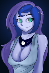 Size: 2532x3747 | Tagged: safe, artist:chaosknight, character:princess luna, character:vice principal luna, my little pony:equestria girls, absolute cleavage, breasts, busty princess luna, cleavage, dark background, female, solo, vice principal luna