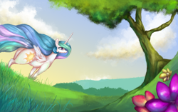 Size: 2616x1647 | Tagged: safe, artist:colochenni, character:princess celestia, species:alicorn, species:pony, /mlp/, 4chan, cloud, drawthread, female, fisheye lens, flower, flowing mane, grass, mare, praise the sun, scenery, sky, solo, the ass was fat, tree, windswept mane