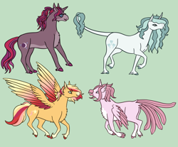 Size: 2749x2278 | Tagged: safe, artist:misskanabelle, oc, oc only, oc:cresent shine, oc:iridium chalice, oc:pink promenade, oc:starburst, parent:fancypants, parent:fleur-de-lis, parent:moondancer, parent:pinkie pie, parent:princess skystar, parent:star bright, parent:sunset shimmer, parent:trixie, parents:fancyfleur, parents:moonbright, parents:skypie, parents:suntrix, species:classical hippogriff, species:classical unicorn, species:hippogriff, species:pegasus, species:pony, species:unicorn, cloven hooves, colored hooves, colored wings, female, glasses, gradient wings, green background, leonine tail, magical lesbian spawn, mare, multicolored wings, offspring, simple background, unshorn fetlocks