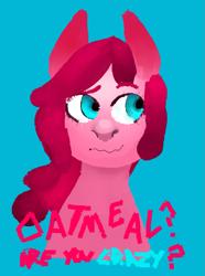 Size: 727x979 | Tagged: safe, artist:do-it-emily, character:pinkie pie, species:earth pony, species:pony, blue background, bust, female, front view, mare, simple background, solo, text, wavy mouth