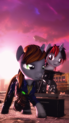 Size: 2158x3840 | Tagged: safe, artist:selestlight, oc, oc only, oc:blackjack, oc:littlepip, species:pony, species:unicorn, fallout equestria, fallout equestria: project horizons, 3d, augmented, biohacking, bus, clothing, cyber legs, cyborg, fanfic, fanfic art, female, gun, handgun, hooves, horn, level 2 (project horizons), little macintosh, mare, pipbuck, revolver, school bus, shotgun, source filmmaker, vault suit, weapon