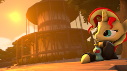 Size: 1920x1080 | Tagged: safe, artist:jarg1994, character:sunset shimmer, species:pony, species:unicorn, 3d, bottle, clothing, drinking, female, jacket, mare, ponyville, ponyville town hall, source filmmaker, straw, sunset, sweater, town hall