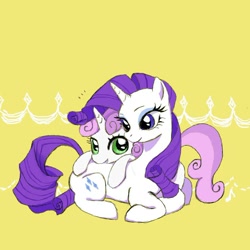 Size: 900x899 | Tagged: safe, artist:puri__kyua, character:rarity, character:sweetie belle, species:pony, species:unicorn, duo, female, filly, mare, simple background, sisters, yellow background