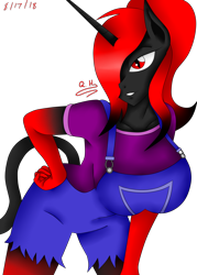 Size: 1800x2520 | Tagged: safe, artist:rockleerocks77, oc, oc:queen haiku, species:anthro, anthro oc, bent over, gradient hair, needs more saturation, overalls, red and black oc, seductive, sexy, simple background, skintight clothes, transparent background
