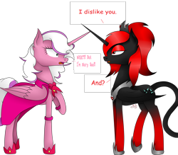 Size: 2880x2520 | Tagged: safe, artist:rockleerocks77, oc, oc:mary sue, oc:queen haiku, species:alicorn, species:bat pony, species:pony, alicorn oc, bat pony alicorn, bat wings, comic sans, dialogue, donut steel, gradient hair, gradient legs, horn, jewelry, leonine tail, not impressed, pot to kettle, red and black oc, regalia, simple background, slit pupils, text, transparent background, wings