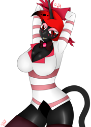 Size: 1800x2520 | Tagged: safe, artist:rockleerocks77, oc, oc:queen haiku, species:anthro, angel dust, anthro oc, clothing, cosplay, costume, gradient hair, hazbin hotel, red and black oc, simple background, skintight clothes, white background