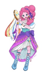 Size: 846x1200 | Tagged: safe, alternate version, artist:puri__kyua, character:pinkie pie, friendship is witchcraft, my little pony:equestria girls, anime, clothing, cute, diapinkes, dress, esmeralda, female, gypsy pie, looking at you, musical instrument, pink background, simple background, solo, tambourine