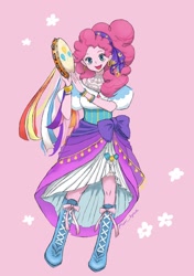 Size: 846x1200 | Tagged: safe, artist:puri__kyua, character:pinkie pie, friendship is witchcraft, my little pony:equestria girls, anime, beautiful, cute, diapinkes, esmeralda, female, gypsy pie, looking at you, musical instrument, pink background, simple background, solo, tambourine