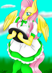 Size: 1800x2520 | Tagged: safe, artist:rockleerocks77, character:fluttershy, species:anthro, species:pegasus, species:pony, adorasexy, breasts, busty fluttershy, clothing, cute, female, maid, sexy, smiling, solo