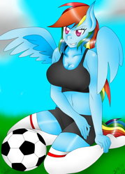 Size: 1800x2520 | Tagged: safe, artist:rockleerocks77, character:rainbow dash, species:anthro, belly button, breasts, busty rainbow dash, clothing, female, football, midriff, solo, sports, sports bra, sports shorts