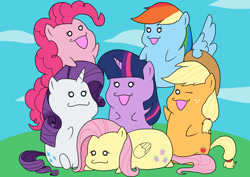 Size: 1200x849 | Tagged: safe, artist:iroenpitu_nico, character:applejack, character:fluttershy, character:pinkie pie, character:rainbow dash, character:rarity, character:twilight sparkle, character:twilight sparkle (unicorn), species:pony, species:unicorn, chibi, cute, mane six, mane six opening poses, one eye closed, open mouth, pixiv, prone, wink
