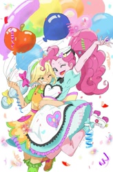 Size: 721x1100 | Tagged: safe, artist:puri__kyua, character:applejack, character:pinkie pie, episode:coinky-dink world, episode:shake things up!, eqg summertime shorts, g4, my little pony: equestria girls, my little pony:equestria girls, anime, balloon, bow, confetti, cute, diner uniform, duo, duo female, female, hairnet, hug, jumping, one eye closed, pixiv, roller skates, server pinkie pie, smiling, wink