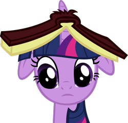 Size: 643x621 | Tagged: safe, artist:fallingferret, character:twilight sparkle, character:twilight sparkle (unicorn), species:pony, species:unicorn, episode:secret of my excess, g4, my little pony: friendship is magic, book, book hat, bust, female, floppy ears, frown, horn impalement, mare, simple background, solo, transparent background, vector