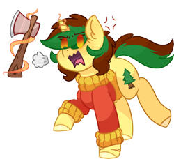 Size: 514x468 | Tagged: safe, artist:drawtheuniverse, oc, oc:anastasia pines, species:pony, species:unicorn, angry, axe, chibi, clothing, cross-popping veins, cute, dock, female, full body, hooves, magic, mare, multicolored hair, open mouth, orange eyes, puff, running, scar, shading, simple background, solo, sweater, transparent background, weapon, yellow coat