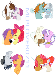 Size: 1280x1719 | Tagged: safe, artist:mlplover0711, base used, character:apple bloom, character:babs seed, character:diamond tiara, character:featherweight, character:pipsqueak, character:rumble, character:scootaloo, character:silver spoon, character:snips, character:sweetie belle, character:tender taps, character:twist, species:pony, ship:babstwist, ship:feathertiara, ship:rumbloo, ship:silversnips, ship:sweetiesqueak, ship:tenderbloom, blushing, couple, female, glasses, happy, lesbian, love, male, shipping, simple background, smiling, straight, watermark
