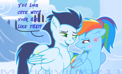Size: 1280x771 | Tagged: safe, artist:mlplover0711, base used, character:rainbow dash, character:soarin', species:pony, ship:soarindash, alternate hairstyle, blushing, cloud, cross-popping veins, female, madorable, male, shipping, straight, watermark, wavy mouth
