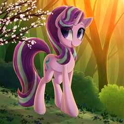Size: 2500x2500 | Tagged: safe, artist:imbirgiana, character:starlight glimmer, species:pony, species:unicorn, cherry blossoms, cute, eye clipping through hair, female, flower, flower blossom, glimmerbetes, mare, open mouth, solo, tree