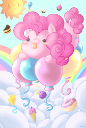 Size: 2708x4000 | Tagged: safe, artist:darkmagician1212, artist:iliekbuttz, character:pinkie pie, species:pony, balloon, blep, blush sticker, blushing, candy, chibi, cute, diapinkes, donut, female, floating, food, ice cream, lollipop, solo, sun, then watch her balloons lift her up to the sky, tongue out