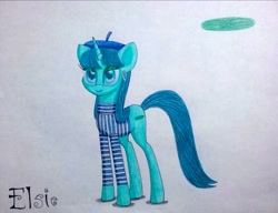 Size: 1152x885 | Tagged: safe, artist:dialysis2day, oc, oc:elsie, species:pony, species:unicorn, beret, clothing, female, hat, mare, shirt, solo, traditional art