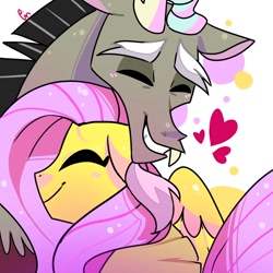 Size: 768x768 | Tagged: safe, artist:pinweena30, character:discord, character:fluttershy, species:draconequus, species:pegasus, species:pony, ship:discoshy, blushing, cute, discute, eyes closed, female, floating heart, heart, hug, male, shipping, shyabetes, signature, simple background, smiling, straight, white background