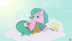 Size: 1024x586 | Tagged: safe, artist:filipinoninja95, oc, oc only, oc:sabrosa, oc:spur bevel, species:pegasus, species:pony, book, cloud, compass, cute, female, filly, freckles, mother and daughter, sky, sleeping, sun, watch, wing blanket