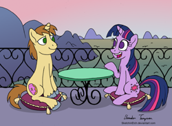 Size: 1045x764 | Tagged: safe, artist:sketchinetch, character:donut joe, character:twilight sparkle, character:twilight sparkle (unicorn), species:pony, species:unicorn, cushion, female, male, mare, signature, sitting, smiling, stallion, table, talking
