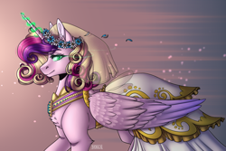Size: 1500x1000 | Tagged: safe, artist:norica-official, character:queen chrysalis, species:alicorn, species:pony, episode:a canterlot wedding, g4, my little pony: friendship is magic, chest fluff, clothing, disguise, disguised changeling, dress, fake cadance, female, floral head wreath, flower, glowing eyes, glowing horn, mare, profile, slit eyes, slit pupils, smiling, smirk, solo, speedpaint available, wedding dress