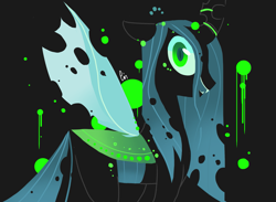 Size: 2217x1625 | Tagged: safe, artist:pinweena30, character:queen chrysalis, species:changeling, badass, black background, changeling queen, creepy, dark, evil, evil grin, female, green eyes, grin, looking at you, simple background, smiling, solo
