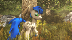 Size: 1920x1080 | Tagged: safe, artist:pesty_skillengton, artist:silvernote, oc, oc only, oc:record melodie, species:pegasus, species:pony, 3d, butt, forest, looking at you, male, nudity, plot, source filmmaker, stallion