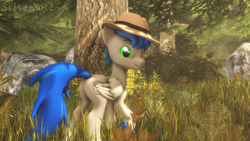 Size: 1920x1080 | Tagged: safe, artist:pesty_skillengton, artist:silvernote, oc, oc only, oc:record melodie, species:pegasus, species:pony, 3d, butt, clothing, fedora, forest, hat, looking at you, male, nudity, plot, source filmmaker, stallion