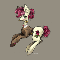 Size: 4455x4455 | Tagged: safe, artist:schizoidtomii, character:roseluck, species:earth pony, species:pony, background pony, blushing, clothing, female, mare, mouth hold, simple background, solo, steampunk